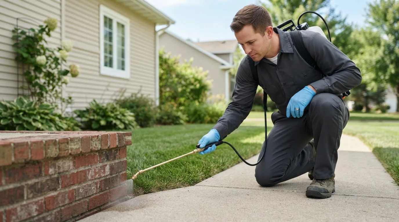 Pest control technician treating a home near Somerdale, OH